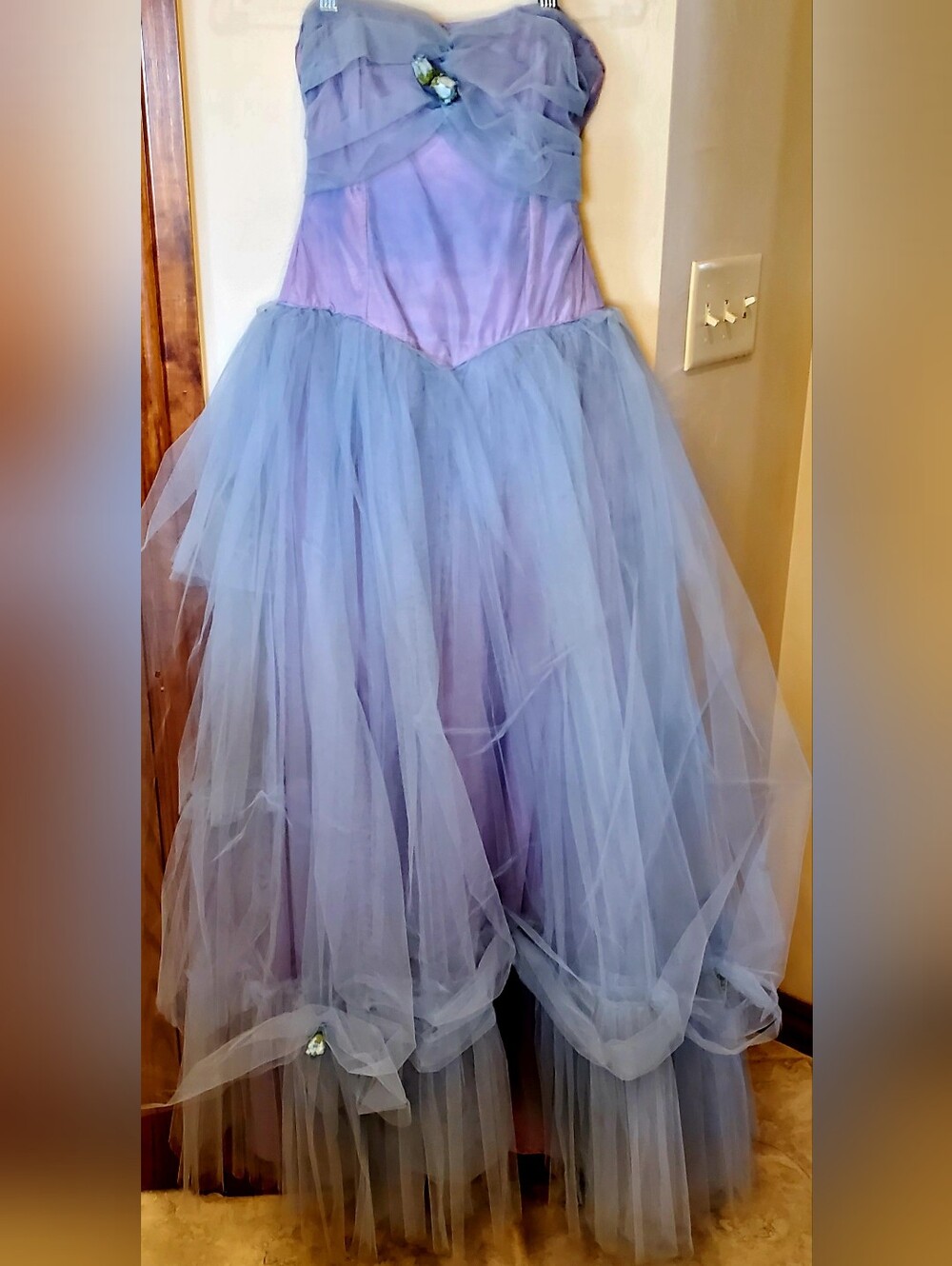 Vintage 1950's Strapless Ball Gown Sz 0 Blue & Lavender Tulle Big Bow In Back